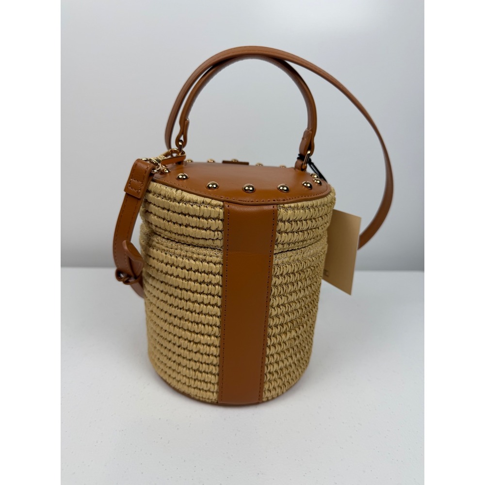 Rachel Zoe Straw Bucket Bag Tan Faux Leather Studded Crossbody Handbag NEW - Picture 5 of 11